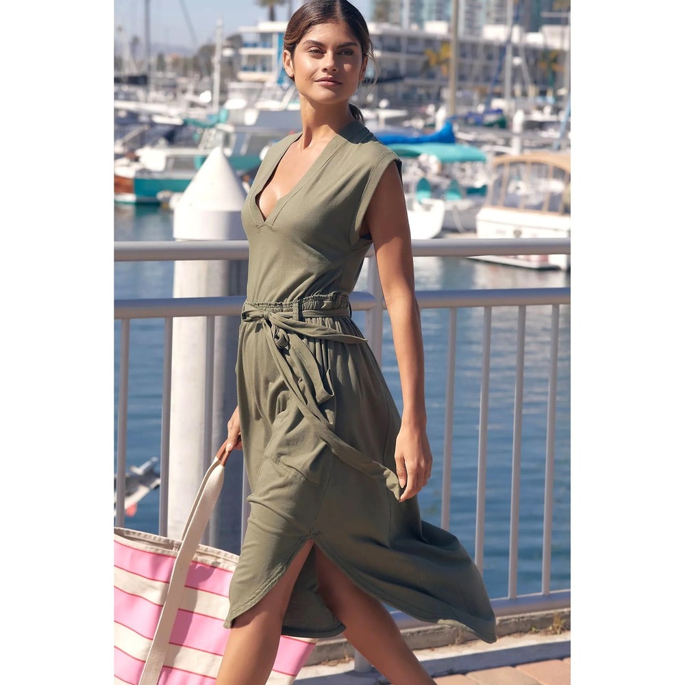 Daily Practice Anthropologie Midi Dress Womens M Olive Coastal Minimaist Boho